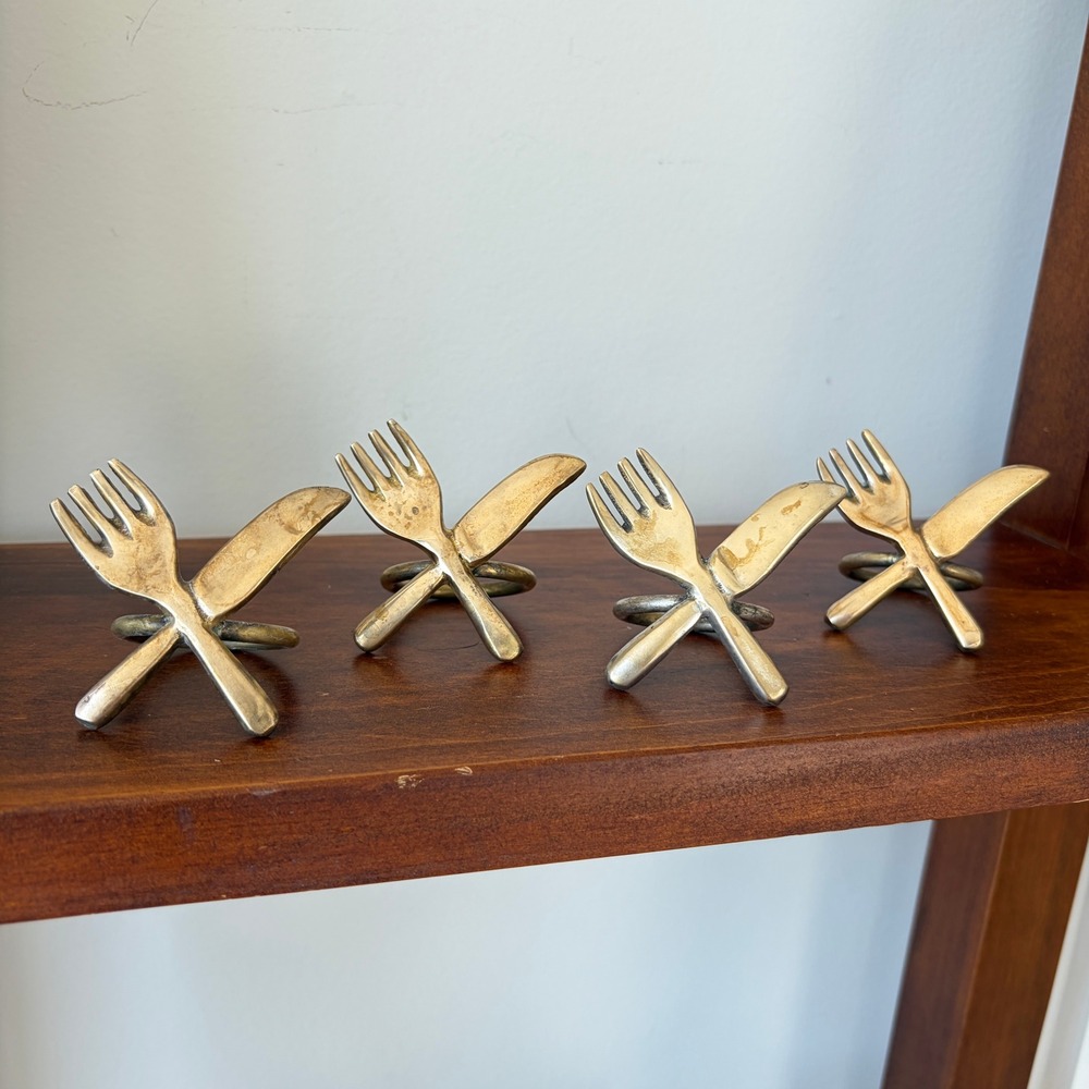 Vintage Brass Fork and Knife Napkin Rings Set of 4 Crossed Cutlery Gold Tone